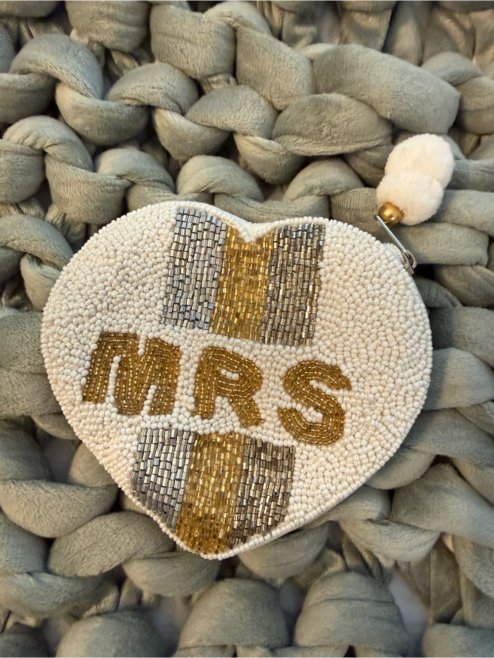 Beaded 'MRS' Heart Coin Purse in White and Gold
